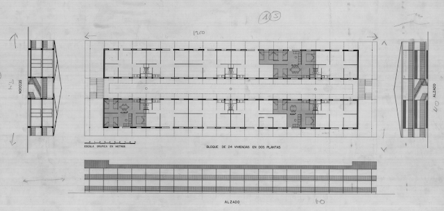 Plano de edificio en planta, alzado y sección